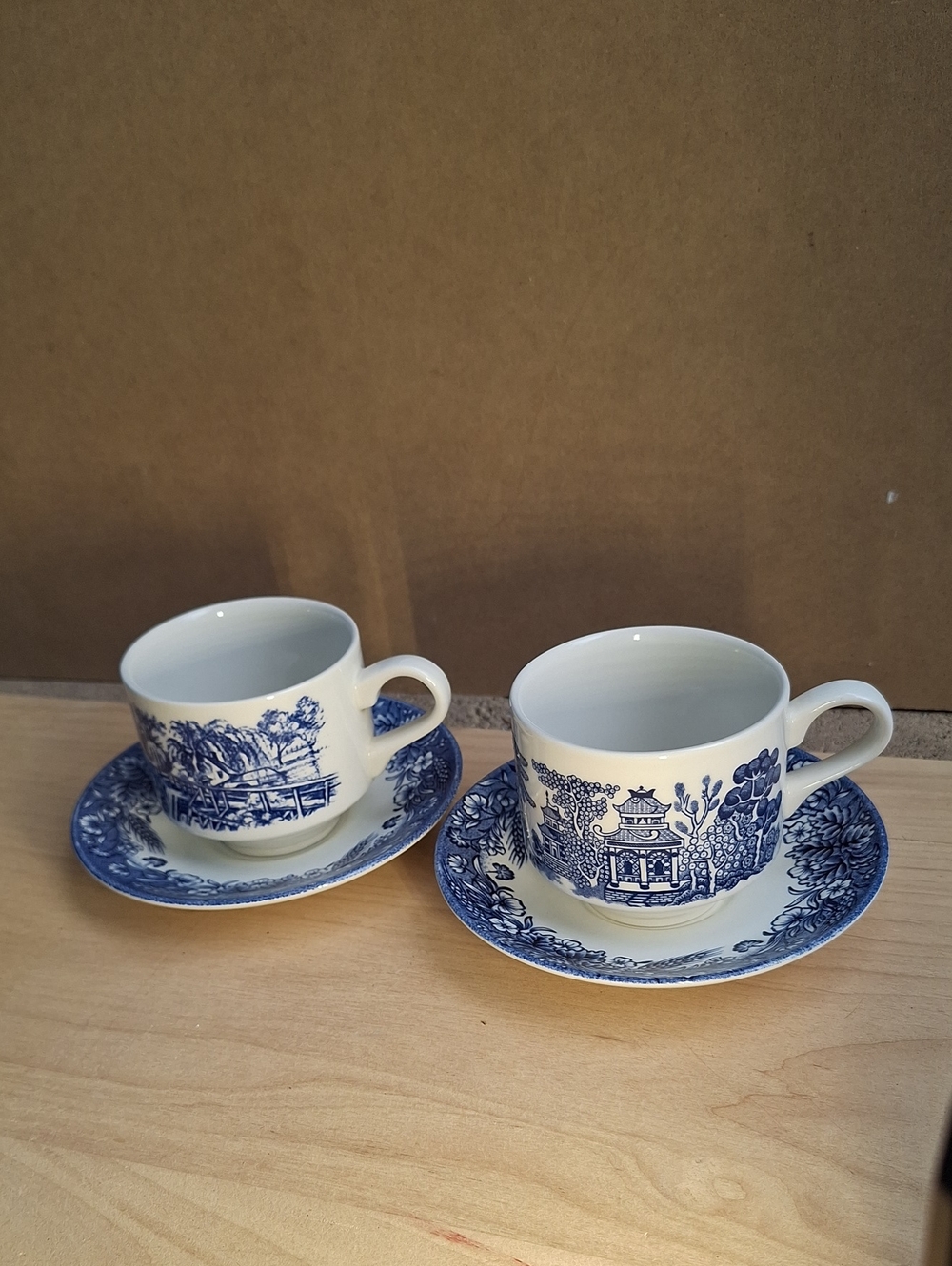 Vintage Churchill Currier & Ives Blue Mill Dam 2 Teacups & 2 Saucers Set England - Picture 2 of 11